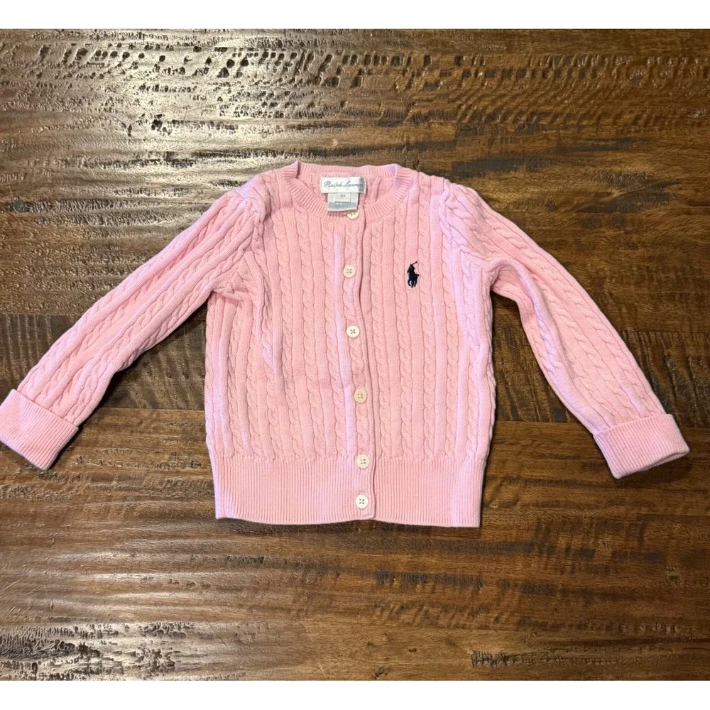Ralph Lauren Kids Pink Cable Knit Cotton Cardigan Sweater 18M Navy Pony Logo